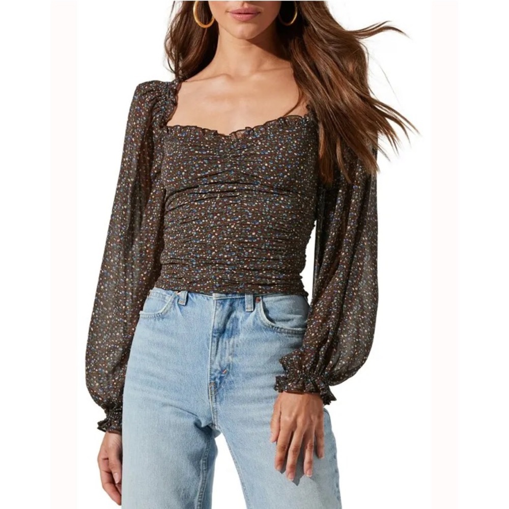 Astr Brown and Blue Smocked Puff Sleeve Blouse